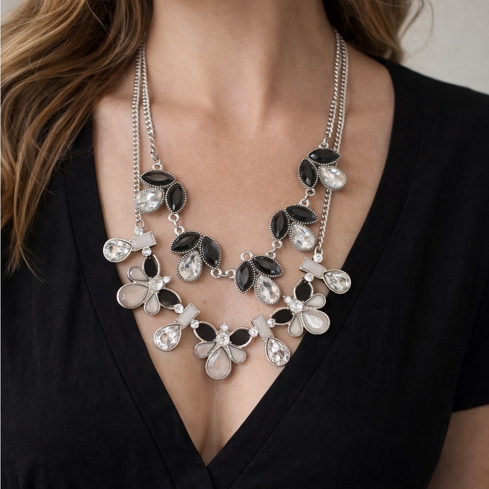Elegant Black and Silver Stacked necklaces